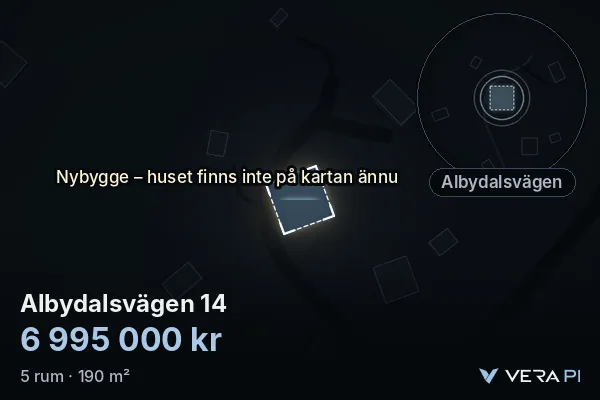 VERA PI:s bild av Albydalsvägen 14: huset i 3D, upplyst i blått, och kartan runt omkring