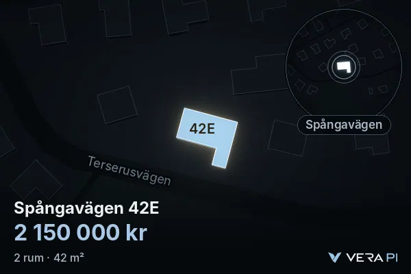 VERA PI:s bild av Spångavägen 42E: huset i 3D, upplyst i blått, och kartan runt omkring