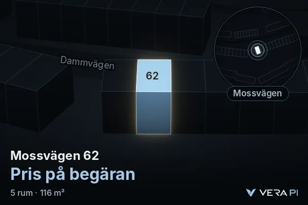 VERA PI:s bild av Mossvägen 62: huset i 3D, upplyst i blått, och kartan runt omkring