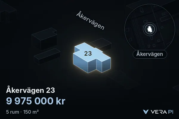VERA PI:s bild av Åkervägen 23: huset i 3D, upplyst i blått, och kartan runt omkring