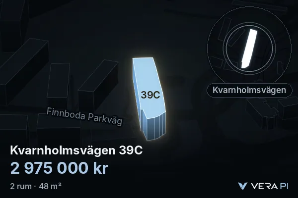 VERA PI:s bild av Kvarnholmsvägen 39C: huset i 3D, upplyst i blått, och kartan runt omkring