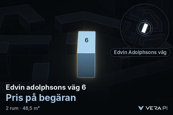 VERA PI:s bild av Edvin adolphsons väg 6: huset i 3D, upplyst i blått, och kartan runt omkring