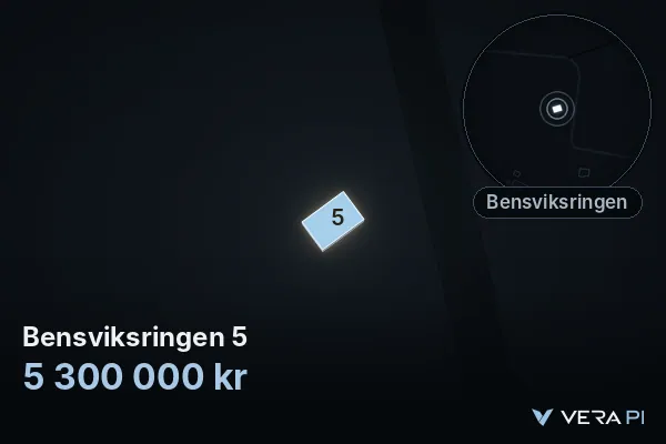 VERA PI:s bild av Bensviksringen 5: huset i 3D, upplyst i blått, och kartan runt omkring