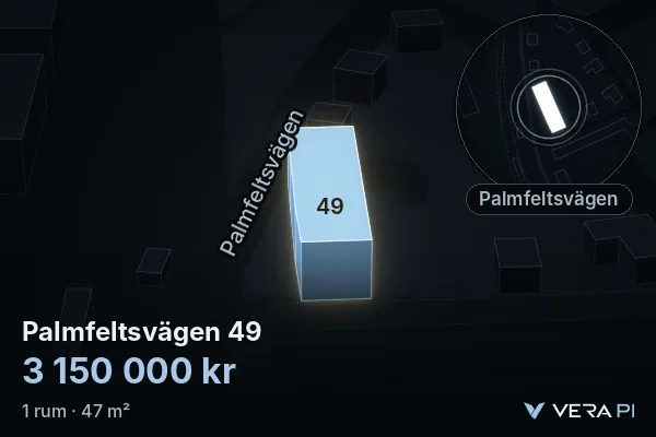 VERA PI's image of Palmfeltsvägen 49: the building in 3D, lit in blue, and the map around it