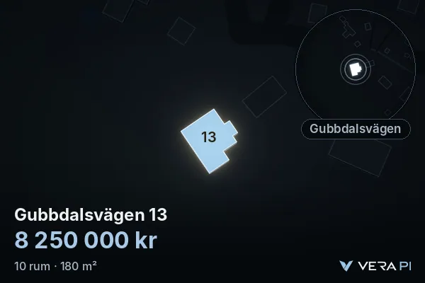 VERA PI:s bild av Gubbdalsvägen 13: huset i 3D, upplyst i blått, och kartan runt omkring