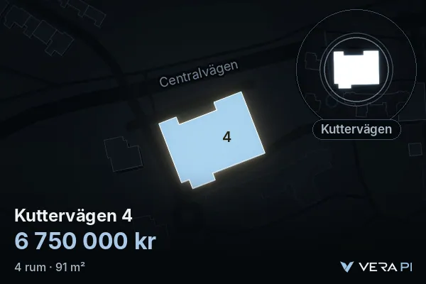VERA PI:s bild av Kuttervägen 4: huset i 3D, upplyst i blått, och kartan runt omkring