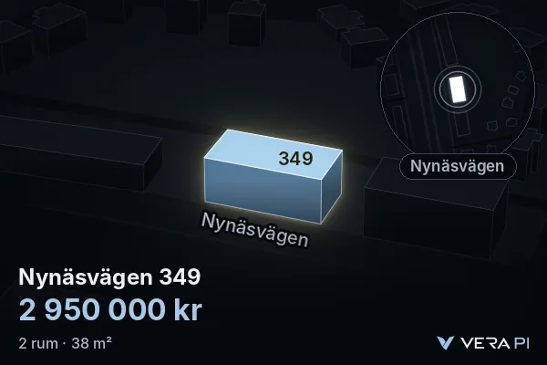 VERA PI:s bild av Nynäsvägen 349: huset i 3D, upplyst i blått, och kartan runt omkring