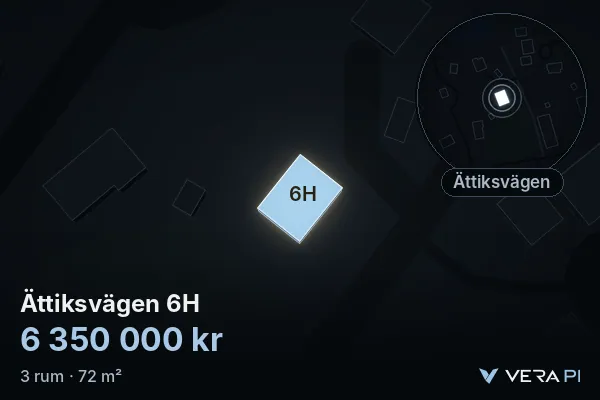 VERA PI:s bild av Ättiksvägen 6H: huset i 3D, upplyst i blått, och kartan runt omkring