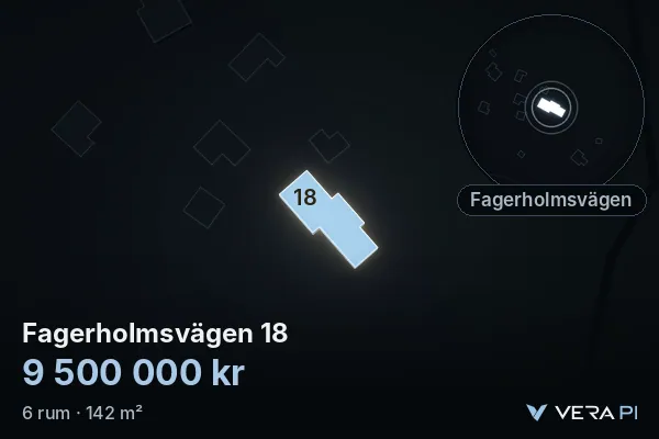 VERA PI:s bild av Fagerholmsvägen 18: huset i 3D, upplyst i blått, och kartan runt omkring