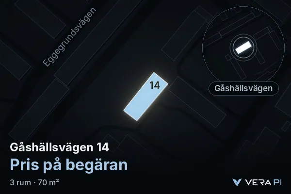 VERA PI's image of Gåshällsvägen 14: the building in 3D, lit in blue, and the map around it