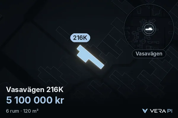 VERA PI's image of Vasavägen 216K: the building in 3D, lit in blue, and the map around it
