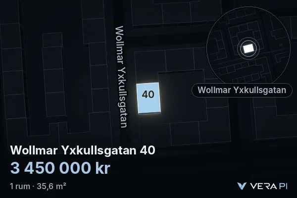 VERA PI:s bild av Wollmar Yxkullsgatan 40: huset i 3D, upplyst i blått, och kartan runt omkring