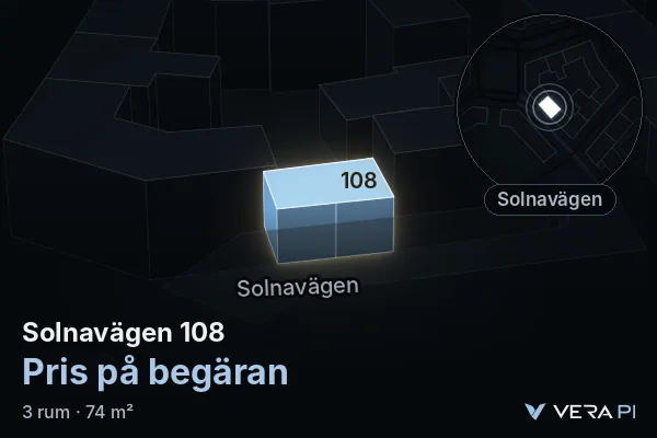 VERA PI's image of Solnavägen 108: the building in 3D, lit in blue, and the map around it