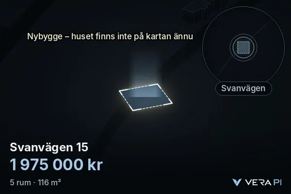 VERA PI:s bild av Svanvägen 15: huset i 3D, upplyst i blått, och kartan runt omkring