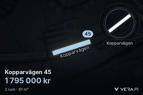 VERA PI's image of Kopparvägen 45: the building in 3D, lit in blue, and the map around it