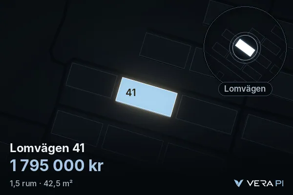 VERA PI's image of Lomvägen 41: the building in 3D, lit in blue, and the map around it