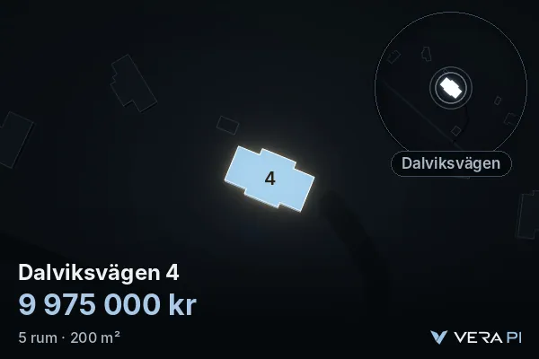 VERA PI's image of Dalviksvägen 4: the building in 3D, lit in blue, and the map around it