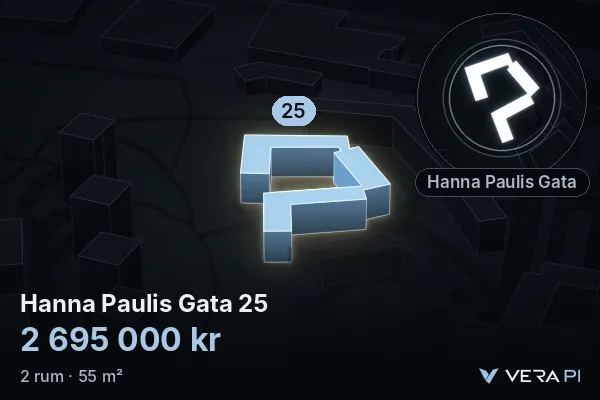 VERA PI:s bild av Hanna Paulis Gata 25: huset i 3D, upplyst i blått, och kartan runt omkring