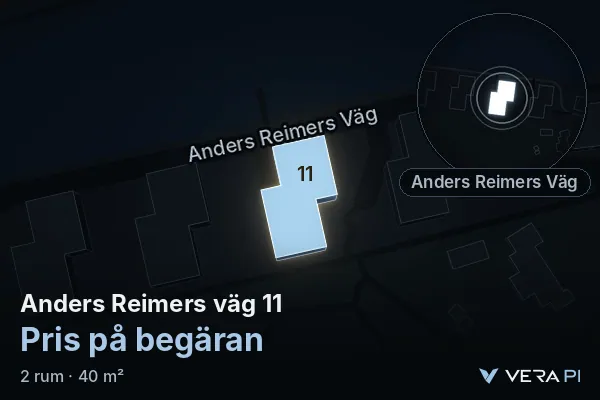 VERA PI:s bild av Anders Reimers väg 11: huset i 3D, upplyst i blått, och kartan runt omkring