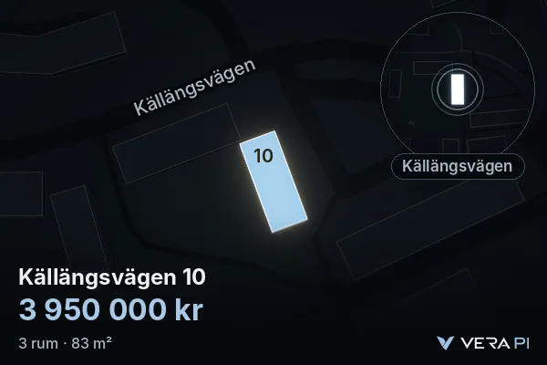 VERA PI's image of Källängsvägen 10: the building in 3D, lit in blue, and the map around it