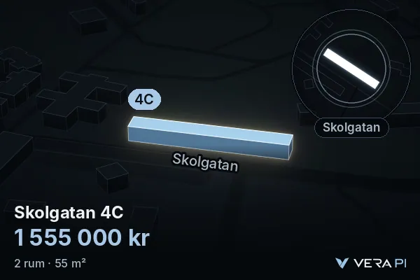 VERA PI's image of Skolgatan 4C: the building in 3D, lit in blue, and the map around it