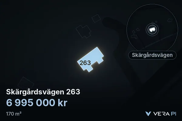 VERA PI:s bild av Skärgårdsvägen 263: huset i 3D, upplyst i blått, och kartan runt omkring