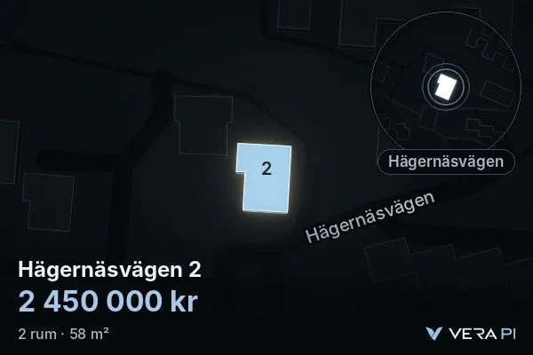 VERA PI:s bild av Hägernäsvägen 2: huset i 3D, upplyst i blått, och kartan runt omkring