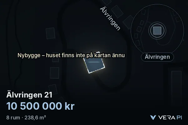 VERA PI:s bild av Älvringen 21: huset i 3D, upplyst i blått, och kartan runt omkring
