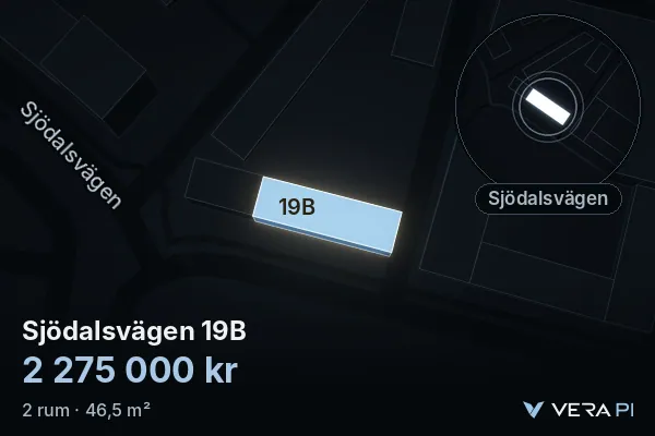 VERA PI:s bild av Sjödalsvägen 19B: huset i 3D, upplyst i blått, och kartan runt omkring
