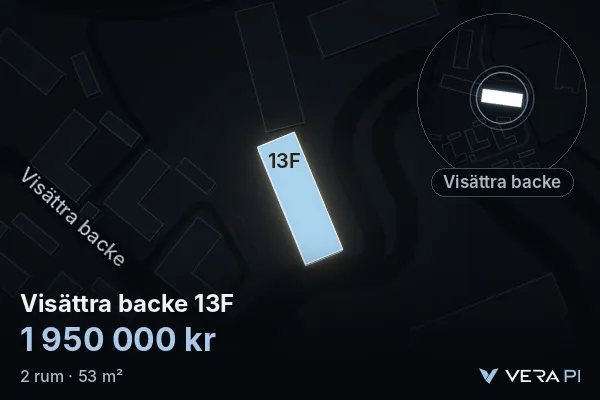 VERA PI:s bild av Visättra backe 13F: huset i 3D, upplyst i blått, och kartan runt omkring