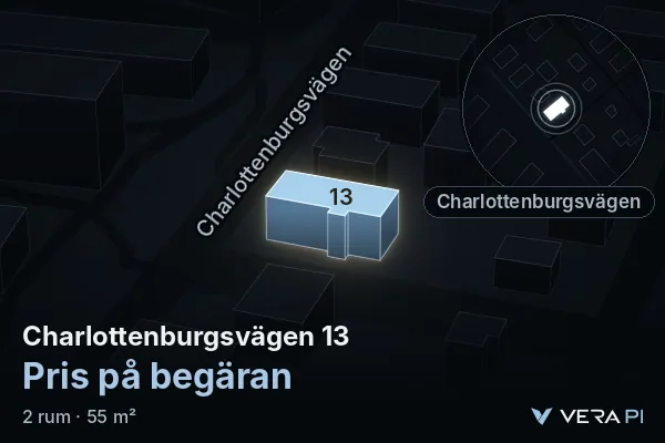 VERA PI:s bild av Charlottenburgsvägen 13: huset i 3D, upplyst i blått, och kartan runt omkring