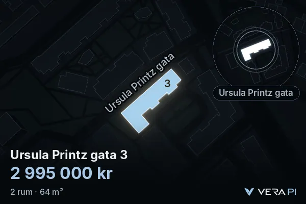 VERA PI's image of Ursula Printz gata 3: the building in 3D, lit in blue, and the map around it