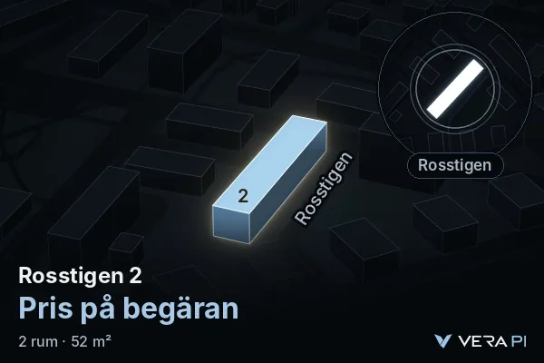 VERA PI:s bild av Rosstigen 2: huset i 3D, upplyst i blått, och kartan runt omkring
