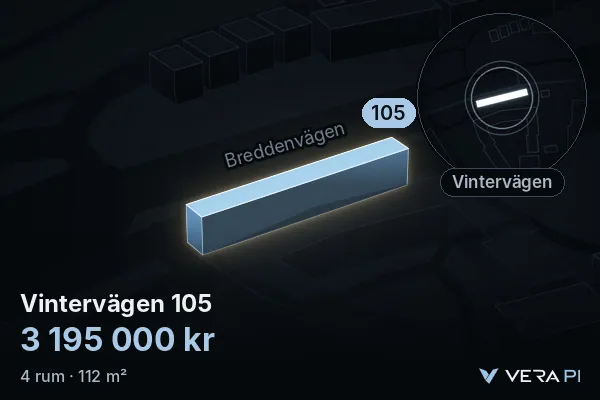 VERA PI:s bild av Vintervägen 105: huset i 3D, upplyst i blått, och kartan runt omkring