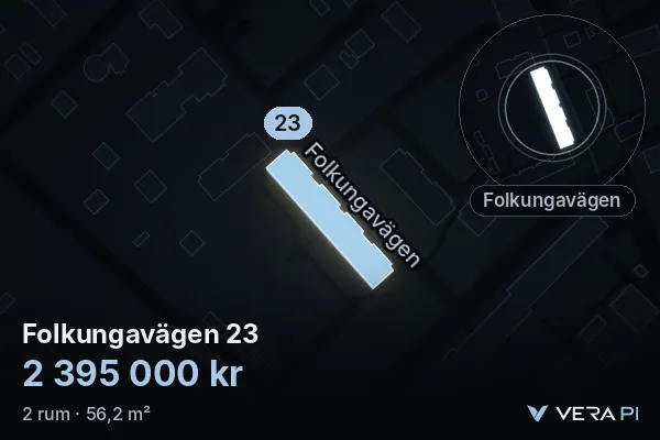 VERA PI's image of Folkungavägen 23: the building in 3D, lit in blue, and the map around it