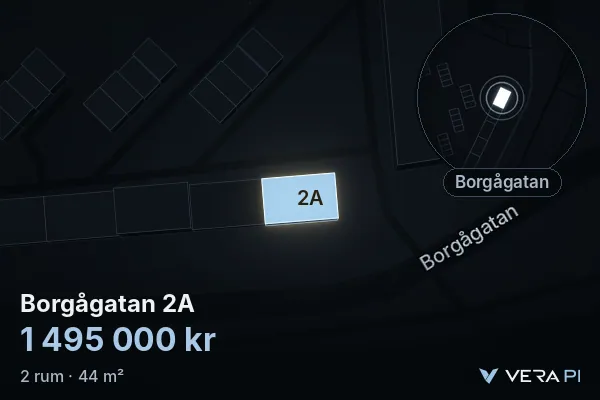 VERA PI:s bild av Borgågatan 2A: huset i 3D, upplyst i blått, och kartan runt omkring