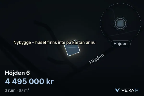 VERA PI's image of Höjden 6: the building in 3D, lit in blue, and the map around it
