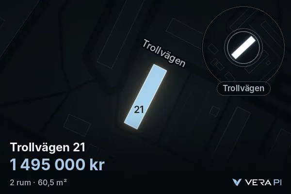VERA PI's image of Trollvägen 21: the building in 3D, lit in blue, and the map around it