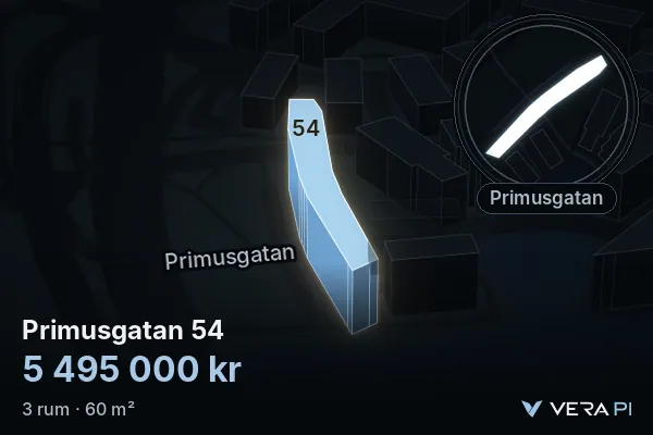VERA PI:s bild av Primusgatan 54: huset i 3D, upplyst i blått, och kartan runt omkring