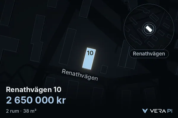 VERA PI:s bild av Renathvägen 10: huset i 3D, upplyst i blått, och kartan runt omkring