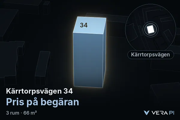 VERA PI's image of Kärrtorpsvägen 34: the building in 3D, lit in blue, and the map around it