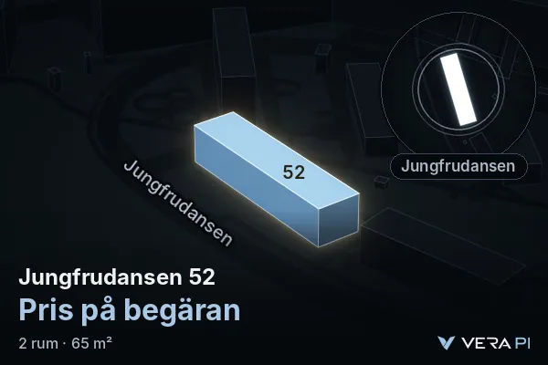 VERA PI:s bild av Jungfrudansen 52: huset i 3D, upplyst i blått, och kartan runt omkring