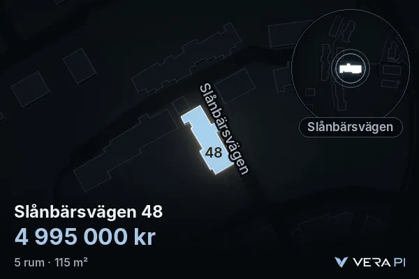VERA PI:s bild av Slånbärsvägen 48: huset i 3D, upplyst i blått, och kartan runt omkring