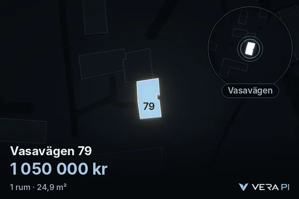 VERA PI's image of Vasavägen 79: the building in 3D, lit in blue, and the map around it