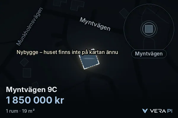 VERA PI's image of Myntvägen 9C: the building in 3D, lit in blue, and the map around it