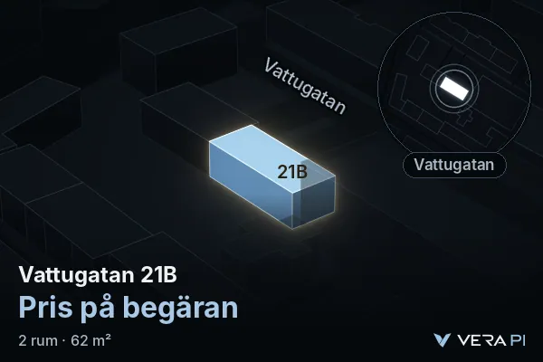 VERA PI:s bild av Vattugatan 21B: huset i 3D, upplyst i blått, och kartan runt omkring