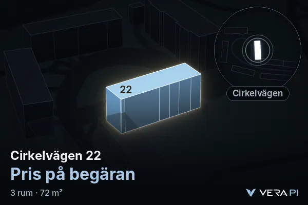 VERA PI's image of Cirkelvägen 22: the building in 3D, lit in blue, and the map around it