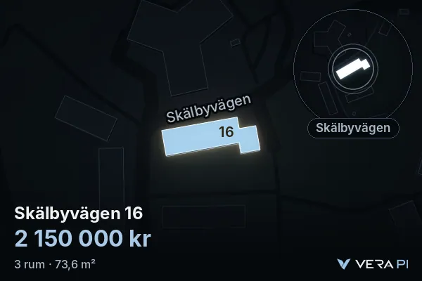 VERA PI's image of Skälbyvägen 16: the building in 3D, lit in blue, and the map around it
