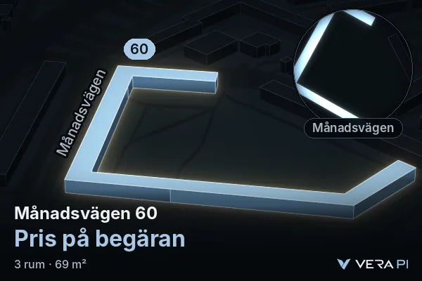 VERA PI's image of Månadsvägen 60: the building in 3D, lit in blue, and the map around it