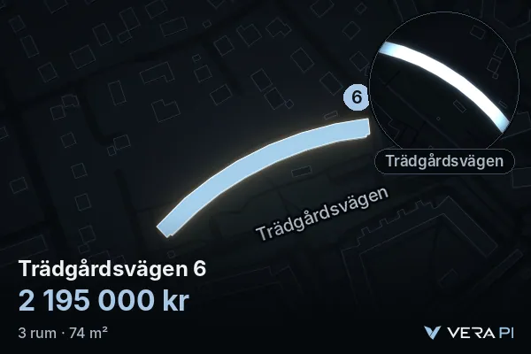 VERA PI:s bild av Trädgårdsvägen 6: huset i 3D, upplyst i blått, och kartan runt omkring